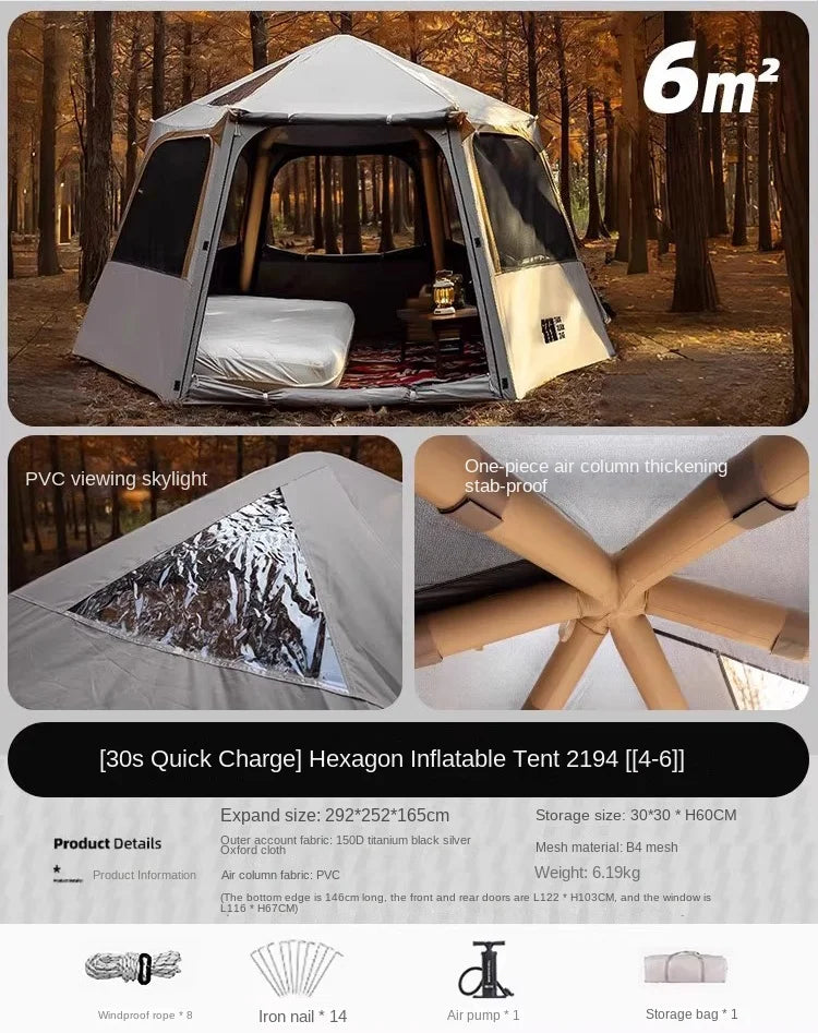 Hexagonal Inflatable Tent Outdoor Camping Overnight Camping Tent Quick Open Portable Folding Rainproof Sunproof Air Tent