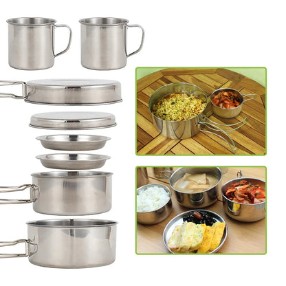 8pcs/Set Camping Cookware Mess Kit Stainless Steel Cooking Pot and Pan Set with Plates Cups for Outdoor Hiking Backpacking