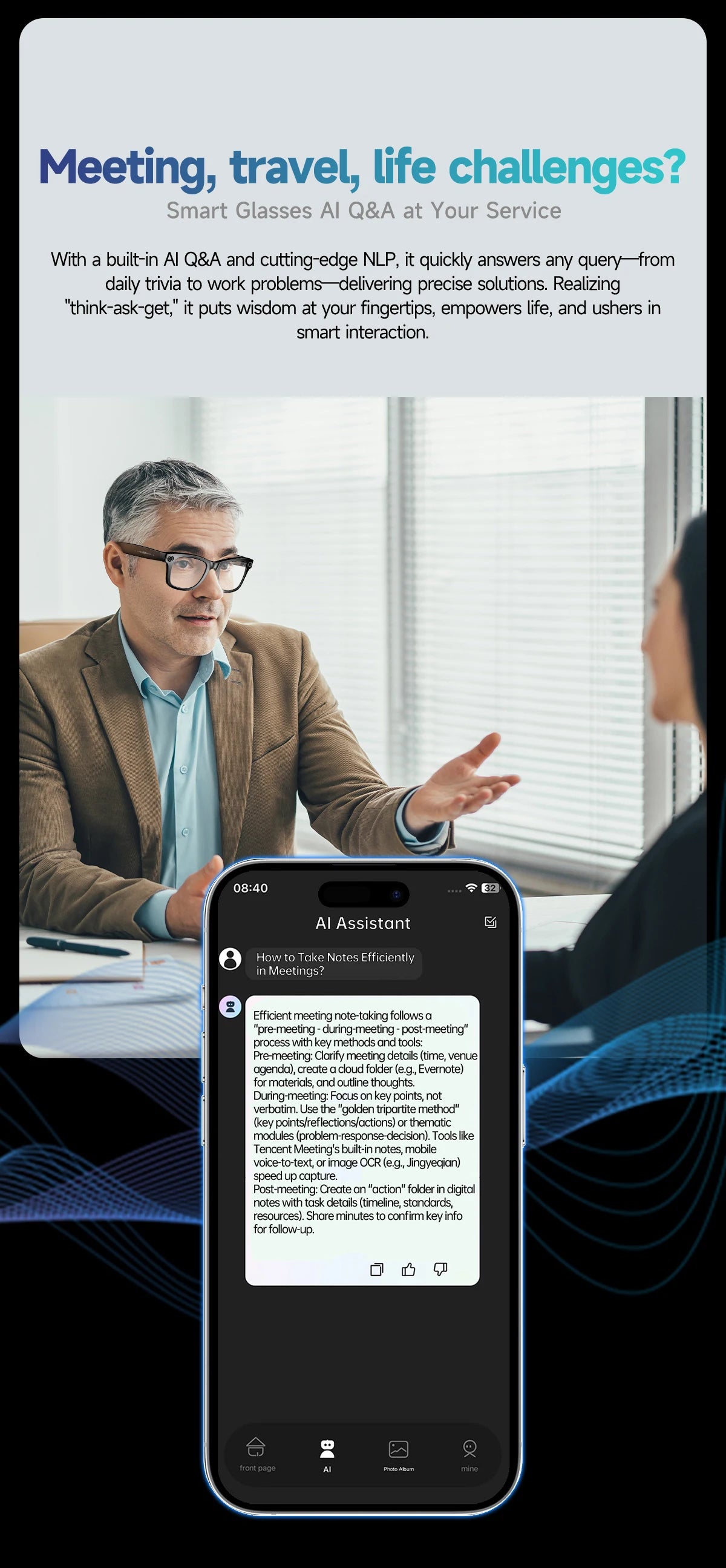 2026 Smart Glasses Men 8MP Camera WiFi Bluetooth Touch Control IP67 Waterproof AI Translation Noise Cancelling AI Glasses Women