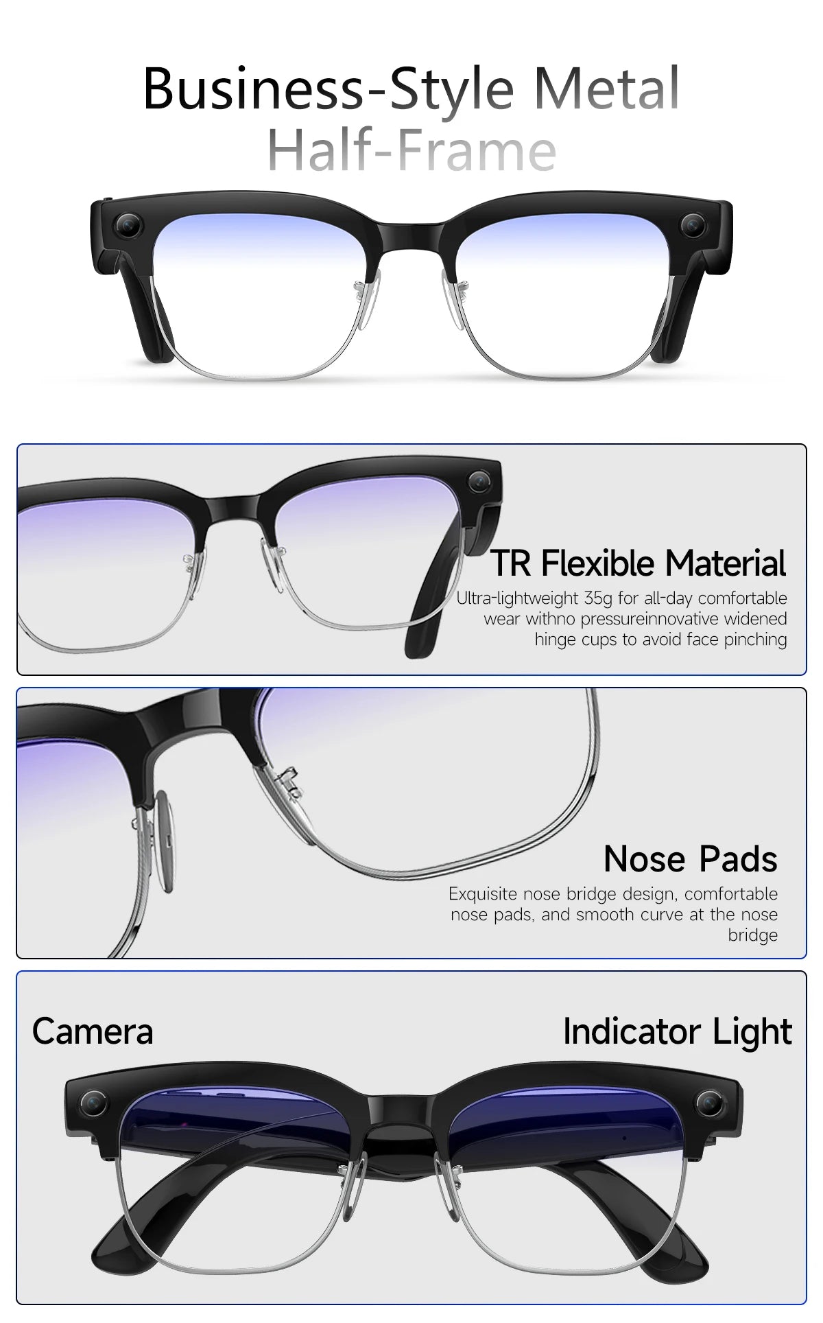 2026 AI Smart Glasses Men with 800W HD Camera Real-time Voice Translation & Call POV Video Recording Smart Eyewear Travel/Vlog