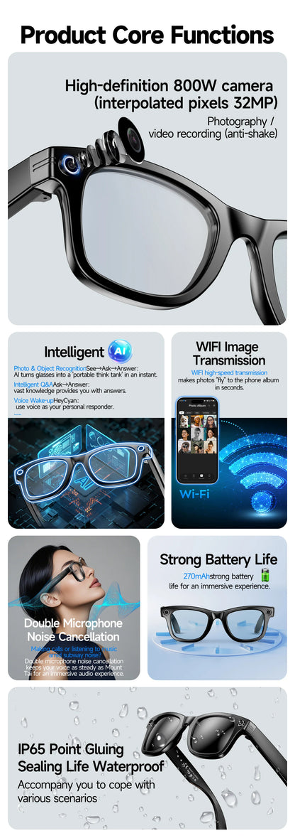 2026 Smart Glasses Men 8MP Camera WiFi Bluetooth Touch Control IP67 Waterproof AI Translation Noise Cancelling AI Glasses Women