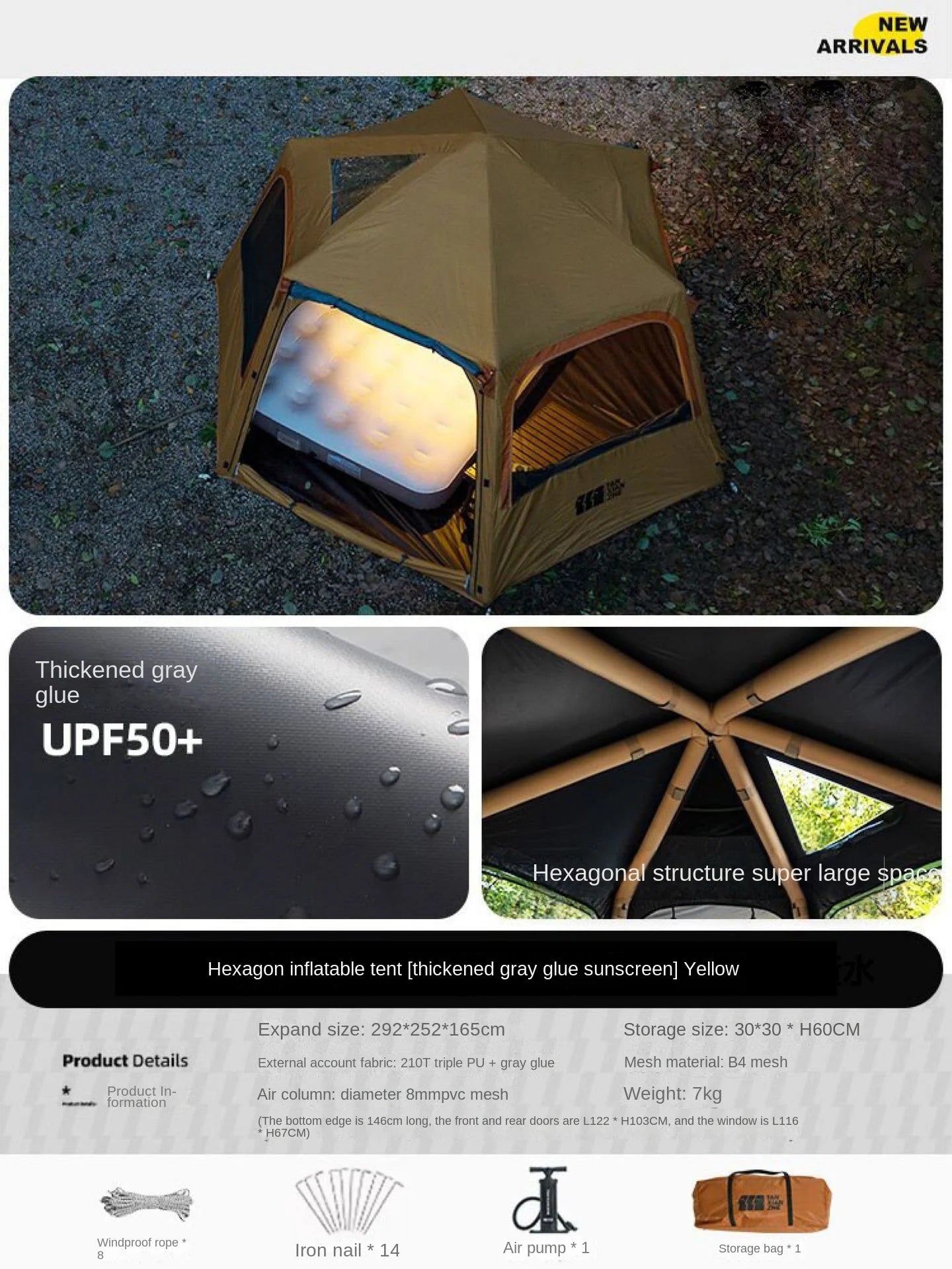 Hexagonal Inflatable Tent Outdoor Camping Overnight Camping Tent Quick Open Portable Folding Rainproof Sunproof Air Tent