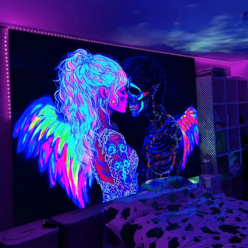 VIKAMA Neon Angel Skull Tapestry Gaming Bedroom  Hanging Room Decor