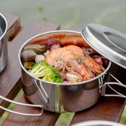 8pcs/Set Camping Cookware Mess Kit Stainless Steel Cooking Pot and Pan Set with Plates Cups for Outdoor Hiking Backpacking