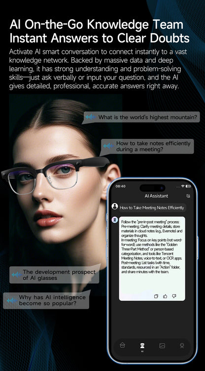 2026 AI Smart Glasses Men with 800W HD Camera Real-time Voice Translation & Call POV Video Recording Smart Eyewear Travel/Vlog