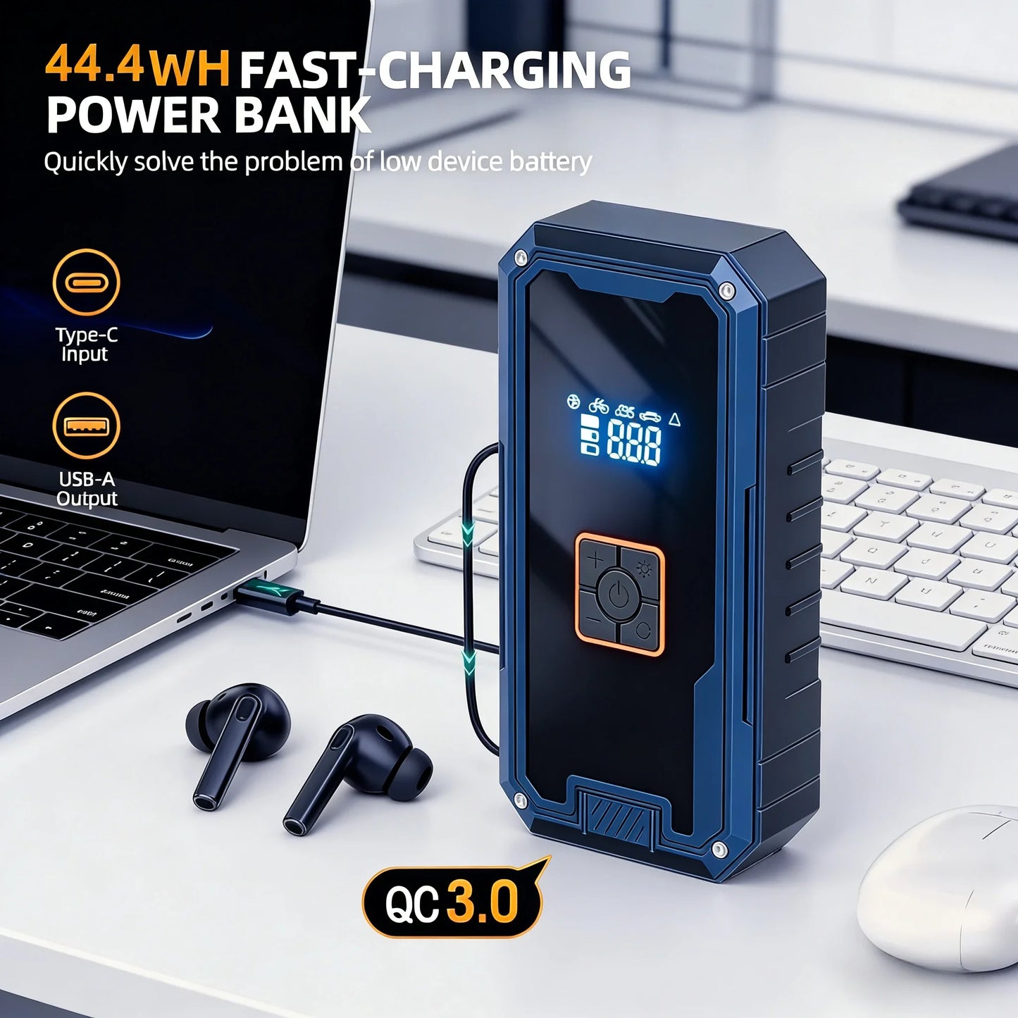Portable Car Jump Starter with Air Compressor,3000A 99800mAh Portable Jump Box,Power Bank & Jump Cables for 9L Gas and 8L Diesel