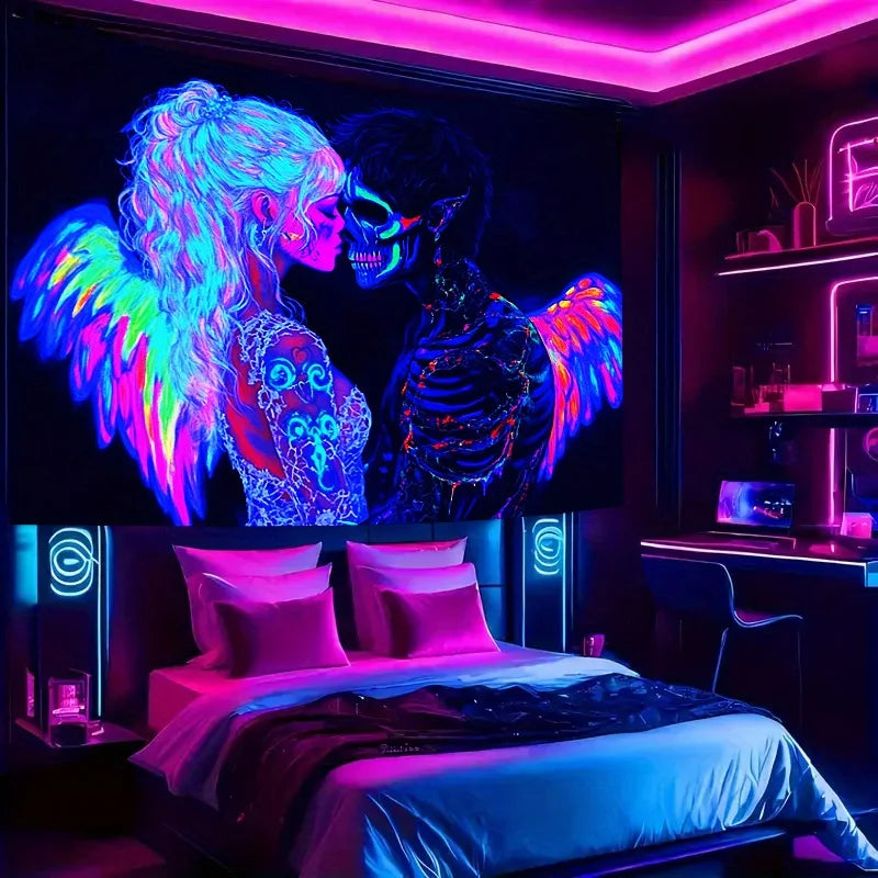 VIKAMA Neon Angel Skull Tapestry Gaming Bedroom  Hanging Room Decor