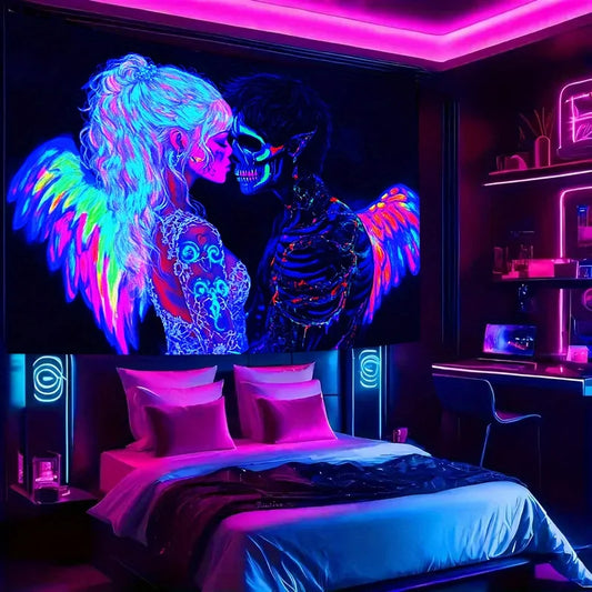 VIKAMA Neon Angel Skull Tapestry Gaming Bedroom  Hanging Room Decor