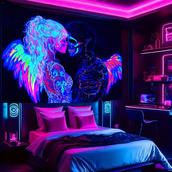 VIKAMA Neon Angel Skull Tapestry Gaming Bedroom  Hanging Room Decor