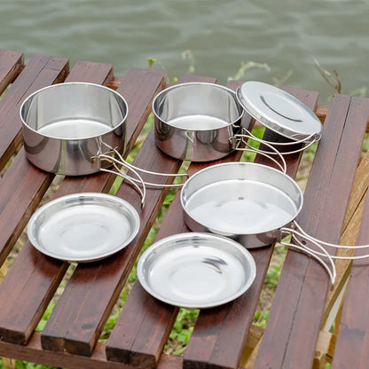 8pcs/Set Camping Cookware Mess Kit Stainless Steel Cooking Pot and Pan Set with Plates Cups for Outdoor Hiking Backpacking