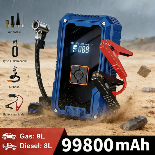 Portable Car Jump Starter with Air Compressor,3000A 99800mAh Portable Jump Box,Power Bank & Jump Cables for 9L Gas and 8L Diesel