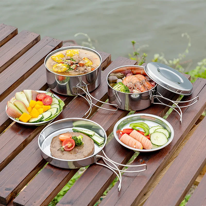 8pcs/Set Camping Cookware Mess Kit Stainless Steel Cooking Pot and Pan Set with Plates Cups for Outdoor Hiking Backpacking