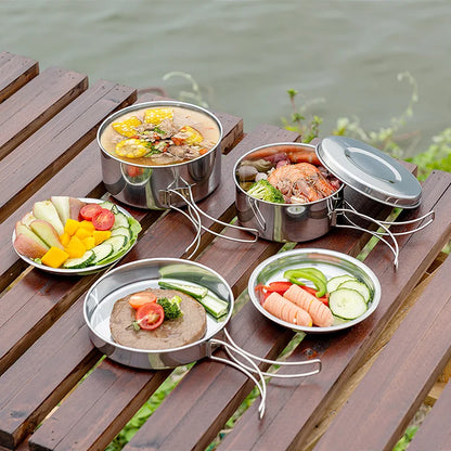 8pcs/Set Camping Cookware Mess Kit Stainless Steel Cooking Pot and Pan Set with Plates Cups for Outdoor Hiking Backpacking